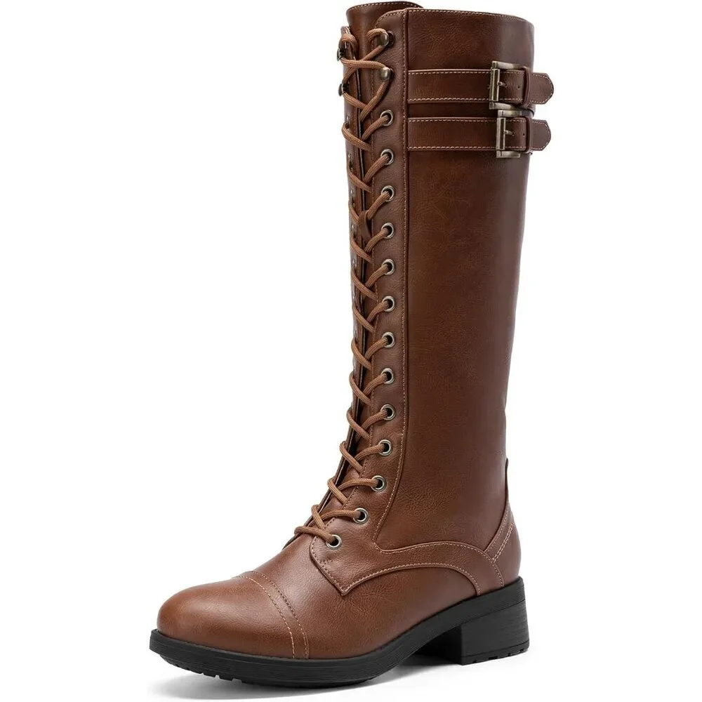 Women's Polyurethane Pu Light Brown Double buckle Knee High Riding Combat Boot